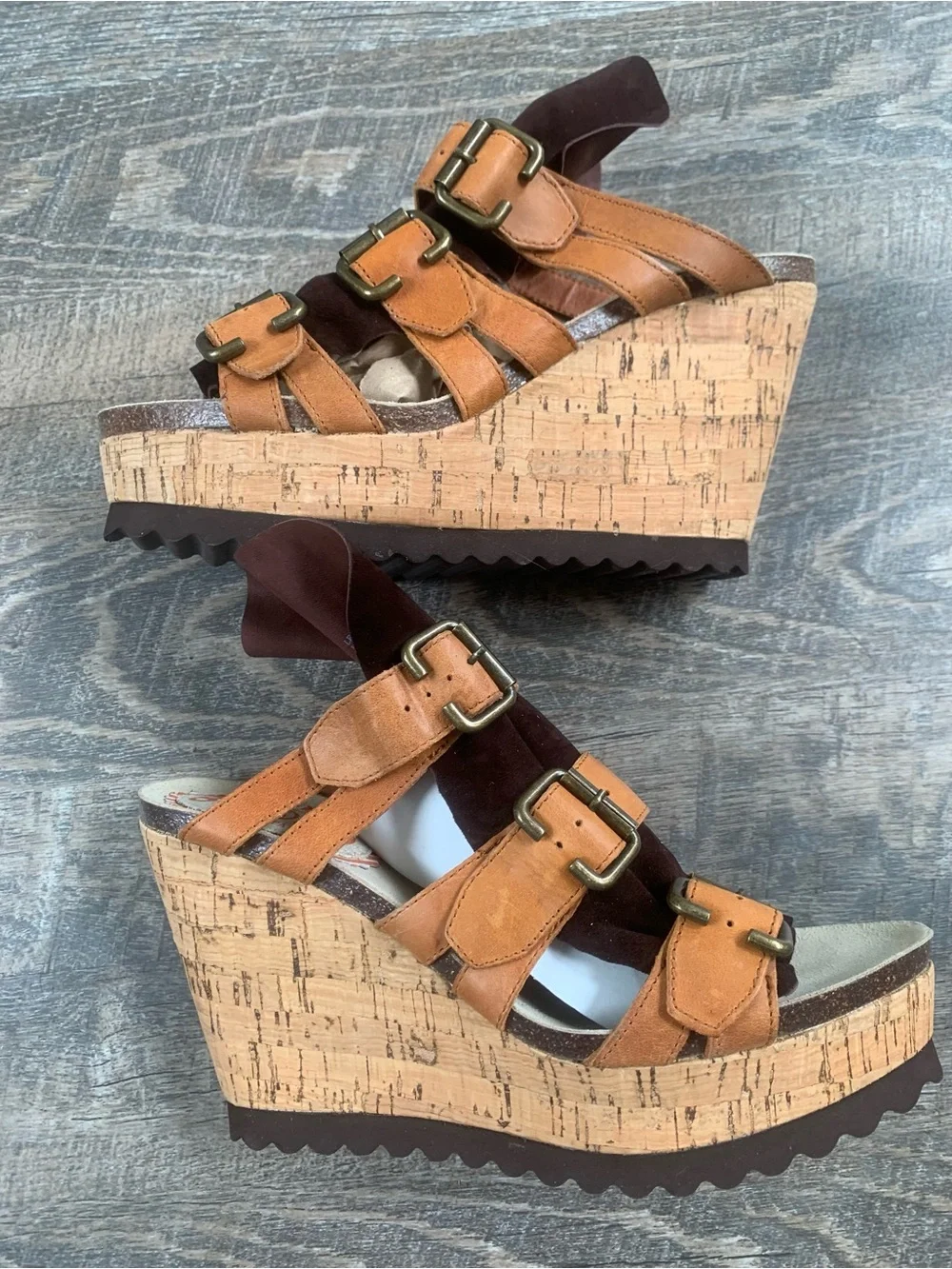 Women’s Boho Wedge Platform Brown Suede and Tan Leather Buckle Sandals